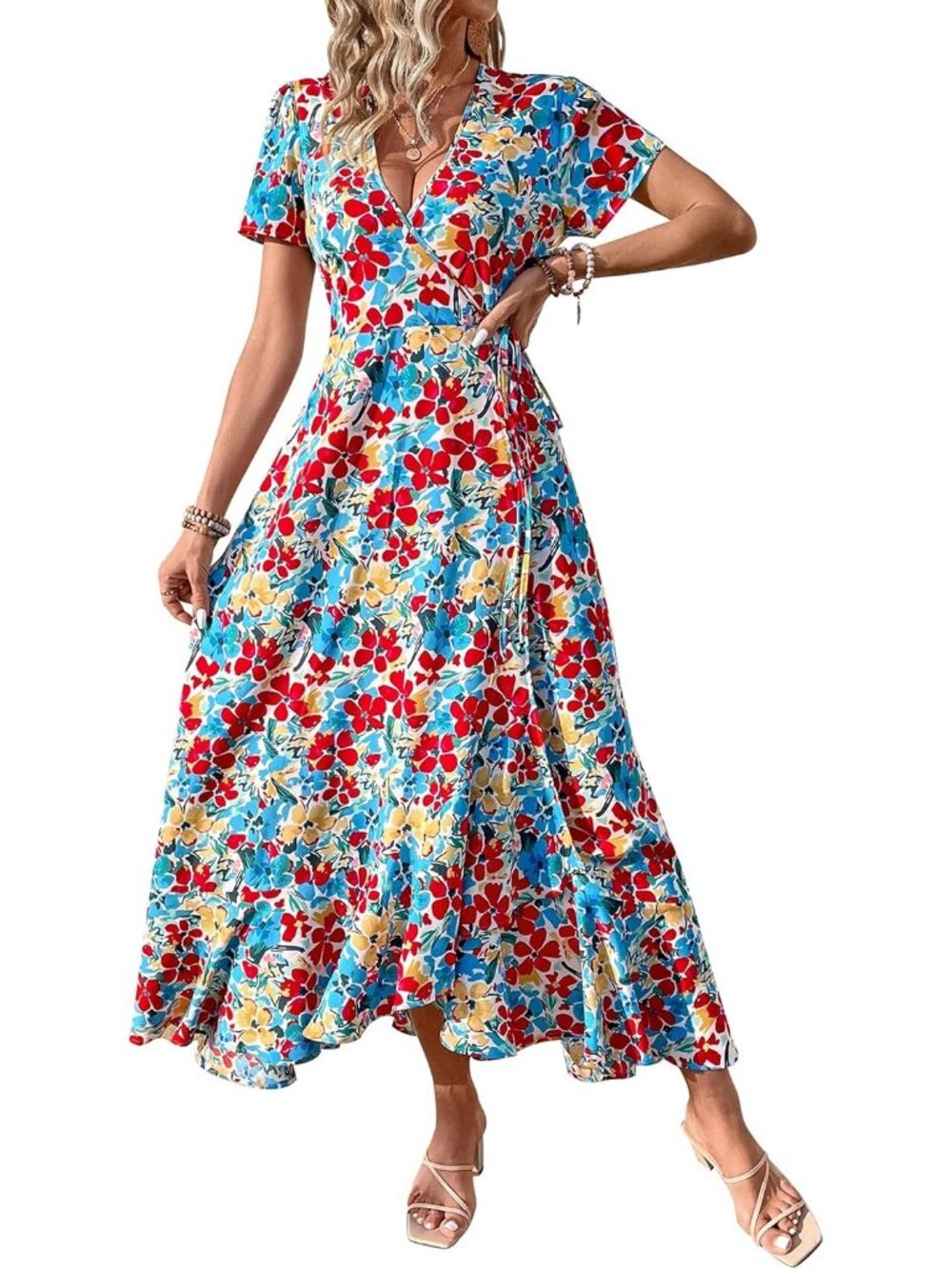 Women's Red Blue Floral V Neck Casual Short Sleeve Pull On Zipper Maxi Dresses